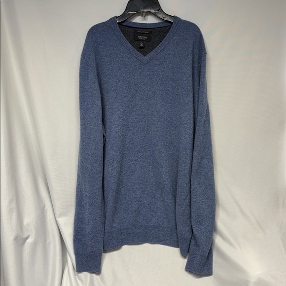 Nordstrom 100 % Cashmere Blue Ribbed Hem V-Neck Sweater Size Large